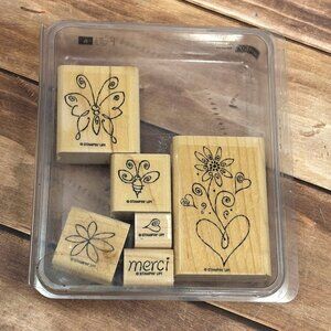 STAMPIN' UP! MERCI WOOD MOUNTED RUBBER STAMP SET OF 6 HEART FLOWER FLOURISH